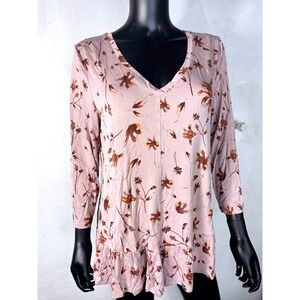 LOGO Lori Goldstein‎ Women's Floral Print V-Neck Ruffle Hem 3/4 Sleeve Top